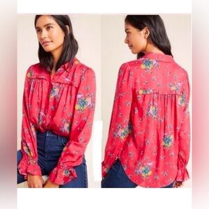 Maeve by Anthropologie - Floral Red Button-Up Blouse